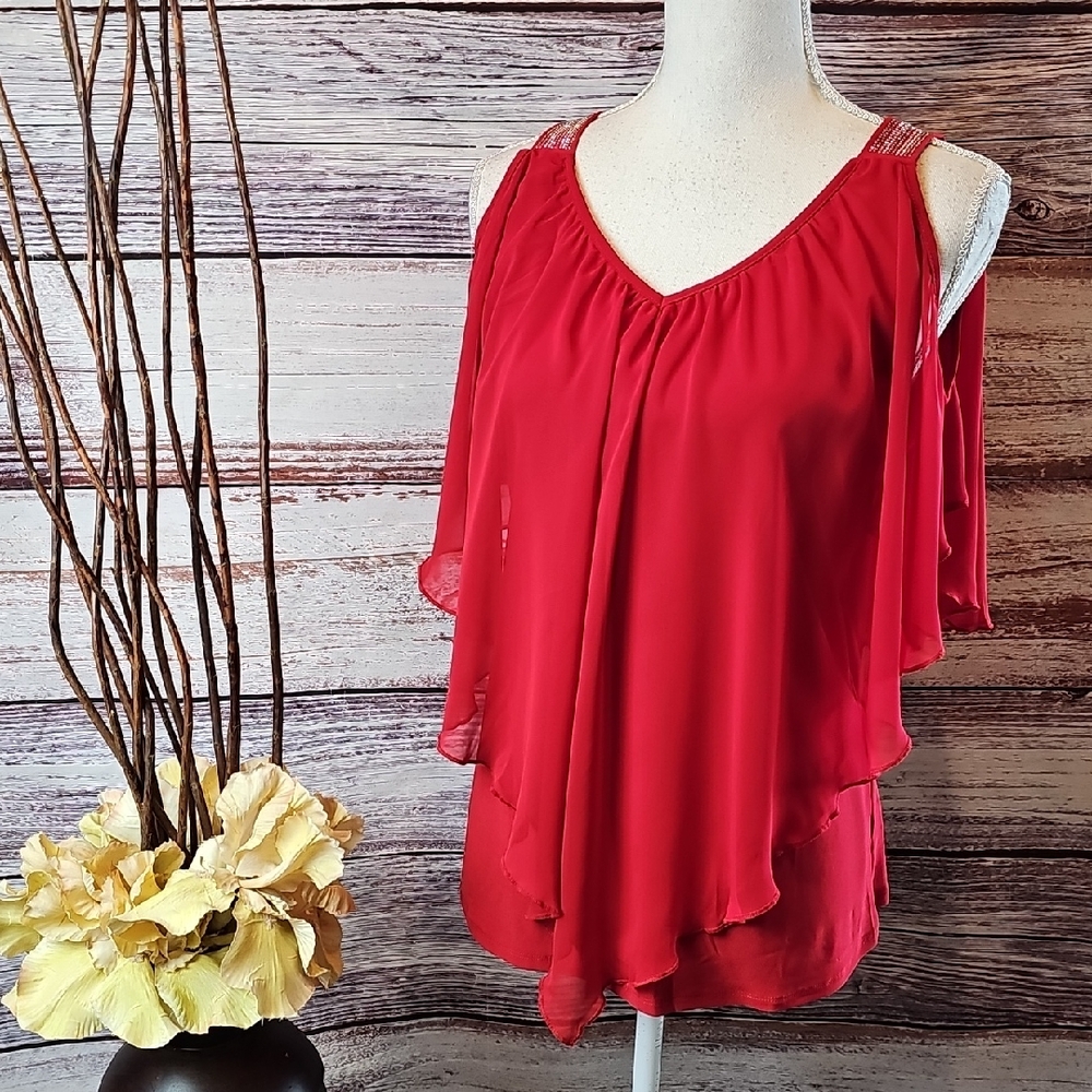 NWT ATELIER 29 RED SLEEVELESS SHEER DRAPED GROMMET PULLOVER BLOUSE